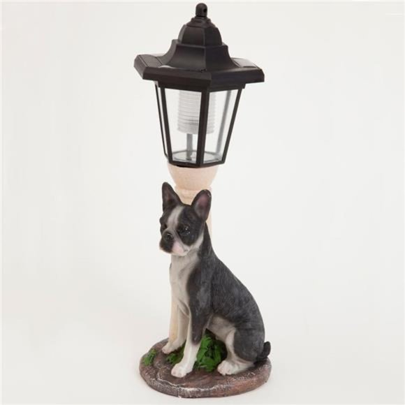 Solar Boston Terrier Lantern-Solar Powered Garden Lantern - Resin Dog Sculpture - Picture 3 of 5